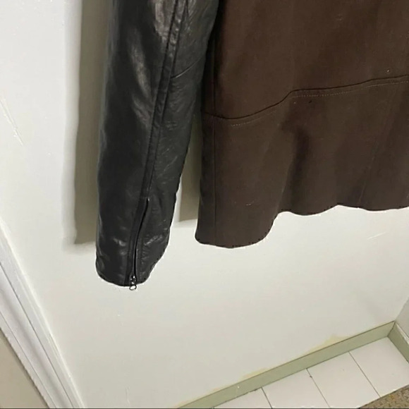Vince Double Breasted Brown Pea Coat with Faux Leather Sleeves and Collar - Picture 9 of 9